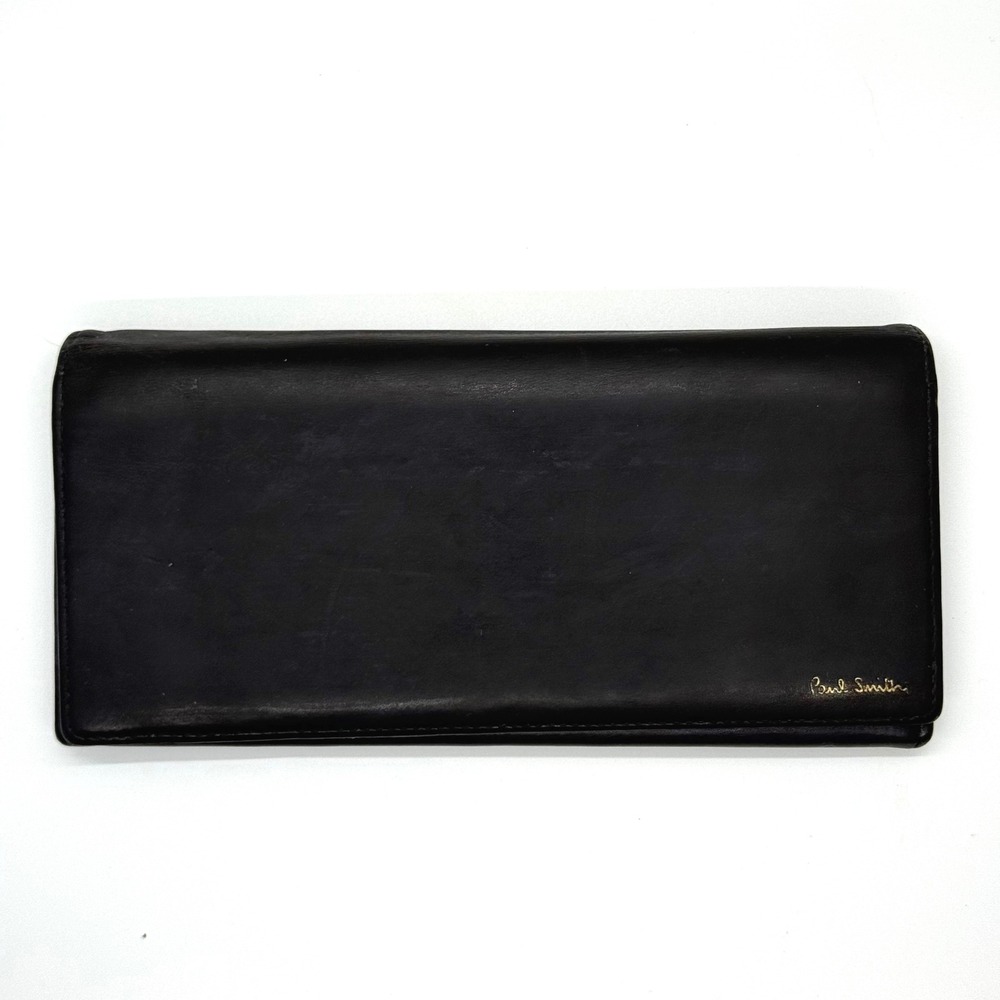 Paul Smith‎ Black Leather Continental Wallet Long Bifold Zip Pocket Striped Trim